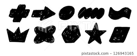 Black hand drawn crayon shape set. Charcoal geometric doodle collection. Black pastel pencil texture form pack for sticker, patch, badge. Childish sketch cross, crown, star, arrow elements. Vector 126943165