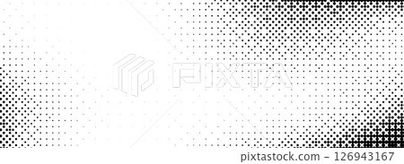 Pixelated bitmap texture overlay. Black dither pattern wallpaper. Abstract glitch gradient pattern. 8 bit video game background. Wide raster screen backdrop. Vector halftone rasterized cover 126943167