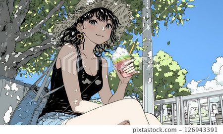 夏日天空下，一位年輕女子正在吃刨冰 126943391