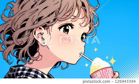 A young woman eating shaved ice under the summer sky 126943394