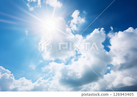 Background material of bright blue sky with shining sun and white clouds 126943405
