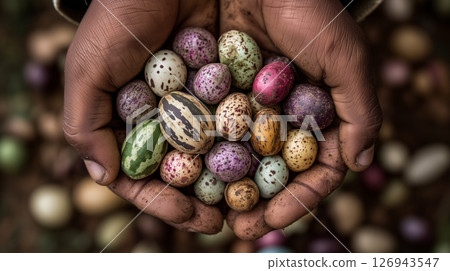 Hands holding collection of colorful wild bird eggs with natural patterns 126943547
