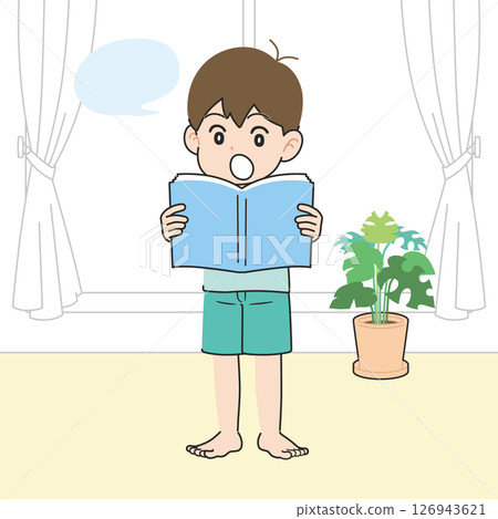 A boy reading a textbook aloud in the living room 126943621