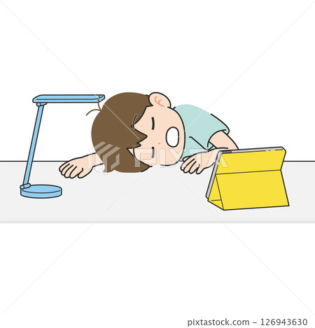 A boy studying at a desk while looking at a tablet, dozing off A boy studying at a desk while looking at a tablet, dozing off 126943630