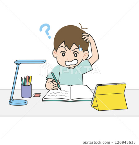 A boy studying at a desk while looking at a tablet I don't understand A boy studying at a desk while looking at a tablet I don't understand 126943633