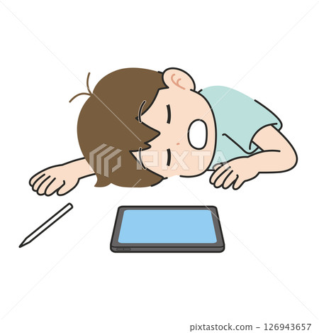 Boy falling asleep while studying on tablet 126943657