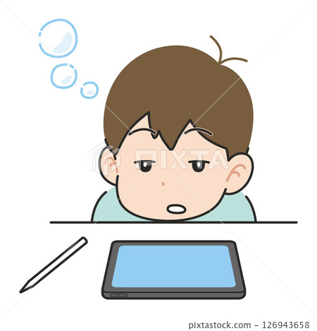 Boy gets sleepy while studying on tablet Boy gets sleepy while studying on tablet 126943658