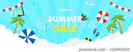 夏季促銷廣告橫幅背景範本（藍色）裝飾有游泳圈和護目鏡 126943695