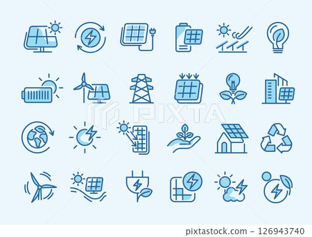Line icons set of solar energy, renewable power, eco-friendly technology, sustainability, wind and sun energy, battery storage, and green innovation for environment-focused vector design. Line icons set of solar energy, renewable power, eco-friendly technology, sustainability, wind and sun energy, battery storage, and green innovation for environment-focused vector design. 126943740