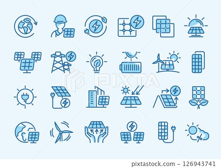 Line icons set of solar energy, renewable power, eco-friendly technology, sustainability, wind and sun energy, battery storage, and green innovation for environment-focused vector design. 126943741