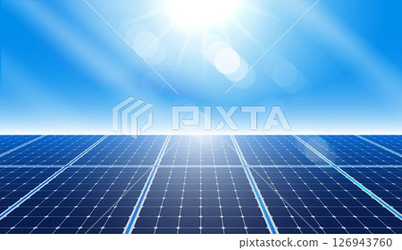 Solar panels under bright sunlight, renewable energy source, eco-friendly technology for sustainable power generation, clean energy concept with blue sky and sunlight reflection. vector design. 126943760