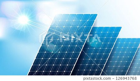 Solar panels under bright sunlight, renewable energy source, eco-friendly technology for sustainable power generation, clean energy concept with blue sky and sunlight reflection. vector design. 126943768