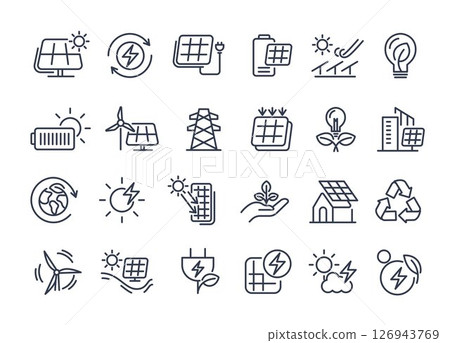 Line icons set of solar energy, renewable power, eco-friendly technology, sustainability, wind and sun energy, battery storage, and green innovation for environment-focused vector design. 126943769