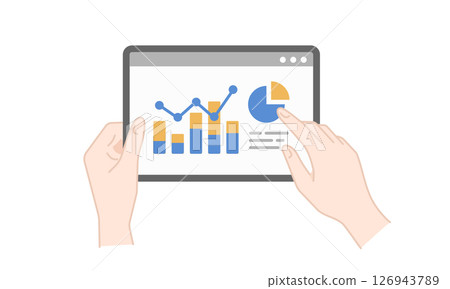 Vector illustration of manipulating graph data materials displayed on a landscape tablet device 126943789