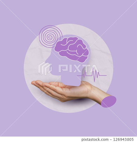 Mental health, hand holding a brain, representing mental health and cognitive function. representing thought and emotion on purple background. psychology concept. symbolic image of emotional states. 126943805