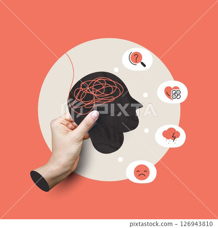 Conceptual image of mental health, showing a hand holding a black paper-cut human head with tangled red lines symbolizing anxiety and overthinking with icons representing mental struggles and healing. 126943810