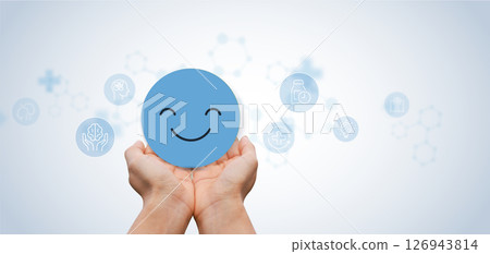 Medical concepts. doctor holding paper cut circle symbol face smile, happy, relax, satisfaction survey, positive, good, wellness, health child, hospital, world mental health day concept. Medical concepts. doctor holding paper cut circle symbol face smile, happy, relax, satisfaction survey, positive, good, wellness, health child, hospital, world mental health day concept. 126943814