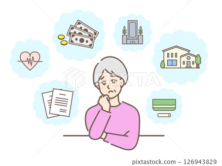 一位滿臉憂慮的中年婦女正在為退休生活做準備和規劃，包括繼承遺產、健康等。 126943829