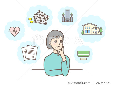 一位滿臉憂慮的中年婦女正在為退休生活做準備和規劃，包括繼承遺產、健康等。 126943830