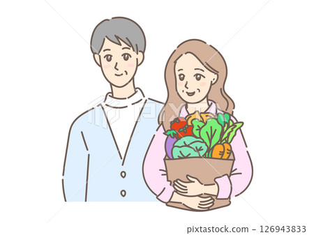 一對可愛的老夫婦購物後步行回家，手裡拿著許多新鮮蔬菜（白色背景） 126943833