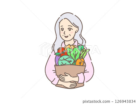 一位美麗的灰髮中年婦女購物後走回家,手裡拿著一堆新鮮蔬菜(白色背景) 一位美麗的灰髮中年婦女購物後走回家,手裡拿著一堆新鮮蔬菜(白色背景) 126943834