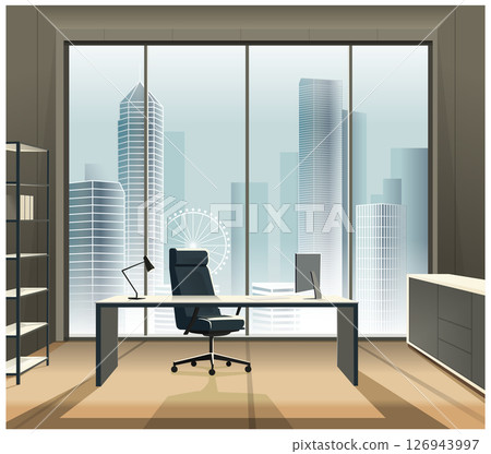 Office room in high-rise building with big window overlooking big city Office room in high-rise building with big window overlooking big city 126943997