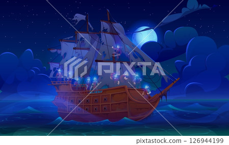 Ghost pirate sail ship flying Dutchman with glowing crew and torn sails sailing on ocean under moonlight. Cartoon vector haunted vessel with spooky corsairs, eerie lights at dark night sea background 126944199