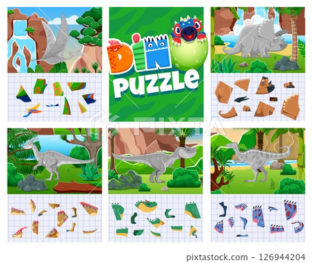 Kids jigsaw puzzle logic game with prehistoric dinosaurs. Cartoon vector cut and glue educational worksheets with dino shapes and pieces to match. Learning riddle with pterodactyl, triceratops species Kids jigsaw puzzle logic game with prehistoric dinosaurs. Cartoon vector cut and glue educational worksheets with dino shapes and pieces to match. Learning riddle with pterodactyl, triceratops species 126944204