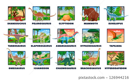 Cartoon prehistoric dinosaurs and lizard reptiles with names for kids dino atlas, vector set. Prehistoric dinosaurs and Jurassic lizards or paleontology animals with species names for dino collection 126944216