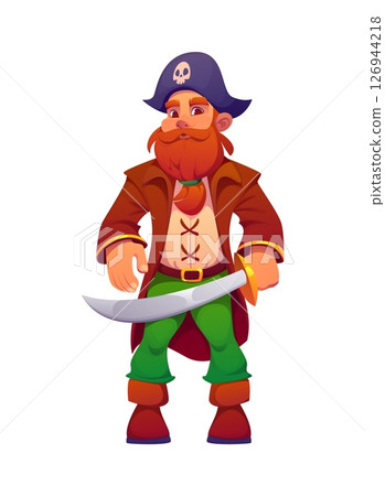 Cartoon pirate and corsair captain character in tricorn hat with skull. Isolated vector swashbuckling rover personage with beard and mustaches, stands with saber in hand ready for high seas adventures Cartoon pirate and corsair captain character in tricorn hat with skull. Isolated vector swashbuckling rover personage with beard and mustaches, stands with saber in hand ready for high seas adventures 126944218