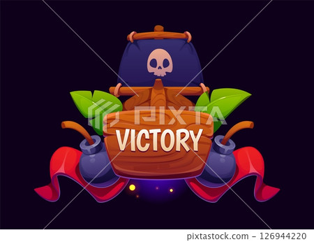 Pirate game victory award icon, ui asset features wooden sign backed by corsair ship sail with skull, green tropical leaves, bombs and a flowing red ribbon, representing triumph in a pirate adventure 126944220