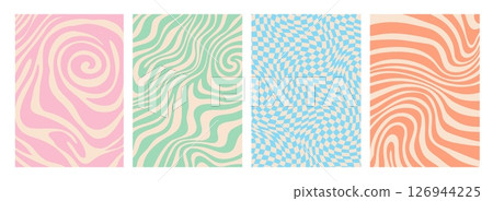 Psychedelic groovy hippie patterns with wavy lines and optical illusion shapes. Abstract vector backgrounds in retro 60s and 70s style. Swirl texture in pastel colors for nostalgic and funky vibe Psychedelic groovy hippie patterns with wavy lines and optical illusion shapes. Abstract vector backgrounds in retro 60s and 70s style. Swirl texture in pastel colors for nostalgic and funky vibe 126944225