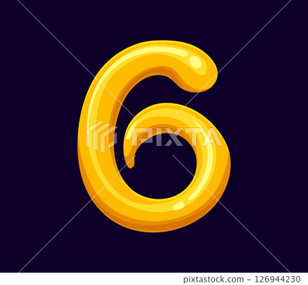 Fast food mustard sauce snack cartoon alphabet font typeset digit 6 six. Street cafe sauce cartoon alphabet font typeset figure, fastfood appetizer vector alphabet font numeral symbol or digit 126944230