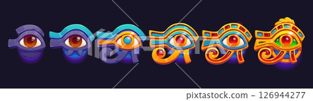 Horus eye rating rank badge, level progress stage of Egypt game. Cartoon vector Egyptian artefact, mystical reward or achievement symbol progression from basic to legendary. Sacred ancient eye UI icon 126944277