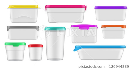 Realistic plastic food containers and lunch boxes. 3d vector set of packages with color lids, varied sizes and secure sealing options. Functional solutions for home kitchen storage or on the go meals 126944289