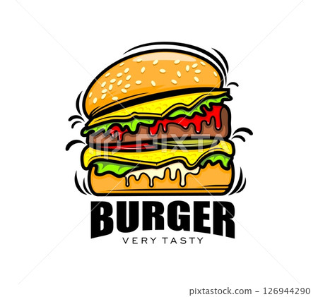Fast food cheeseburger burger icon for restaurant menu or grill bar, vector sign. Burger with double cheese and yummy ketchup drip for cheeseburger fast food or BBQ sandwich and gastro bar emblem 126944290
