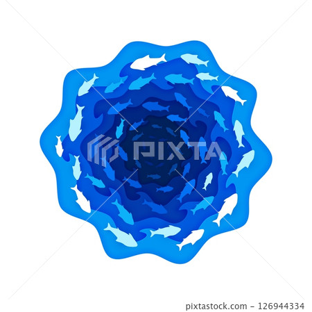 Paper cut fish shoal, 3d vector layered wavy frame features swirling school of fish in spiral formation. Ocean blue papercut with multiple sea fish silhouettes swimming in vortex in marine depth 126944334