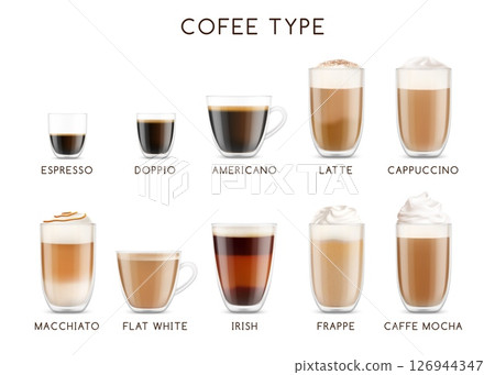 Realistic coffee glasses and cups. 3d vector isolated set of espresso, doppio, americano, latte, cappuccino, macchiato, flat white, Irish coffee, frappe and mocha drinks include various foam levels 126944347