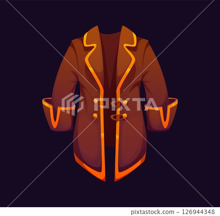 Cartoon pirate coat with golden trim, buttons and wide, rolled cuffs, game icon. Vector corsair brown jacket evoking fantasy adventure, rebellion and maritime clothes style, filibuster costume or suit Cartoon pirate coat with golden trim, buttons and wide, rolled cuffs, game icon. Vector corsair brown jacket evoking fantasy adventure, rebellion and maritime clothes style, filibuster costume or suit 126944348