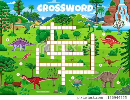 Crossword quiz game grid with prehistoric dinosaurs characters in jungle forest landscape. Vector educational riddle with dino animals. Cross word for learning and interactive activities at children 126944355
