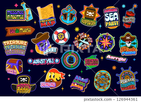 Y2k piracy groovy stickers, pirate funky patch labels with skulls, compass, treasure map, pirate hat, anchor, weapons and funny slogans. Vector set of decorative badges for pirate party or decorations 126944361