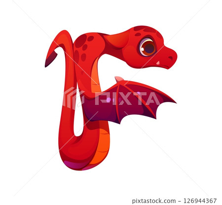 Fantasy red dragon character font letter F. Red dragon personage kids ABC typeset symbol, fantasy animal cartoon vector English alphabet font letter. Asian reptile character type element or sign 126944367
