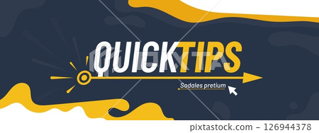 Quick Tips banner featuring yellow and white typography. Vector dark background with an arrow cursor and abstract shapes to convey guidance and direction, advice or insight delivery 126944378
