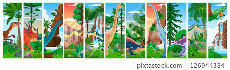Prehistoric dinosaur characters collage with Jurassic era lizards and reptiles, vector cartoon background. Kids dino world collage of giant dinosaurs, prehistoric birds and lizards in jungle forest 126944384