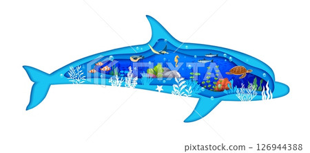 Dolphin silhouette with paper cut underwater landscape, sea animals and fishes, vector banner. Ocean undersea or sea underwater world with turtle, coral reef seahorse, manta stingray and seaweeds 126944388