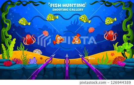 Underwater animals hunting carnival shoot game, shooting range gallery. Vector amusement park shoot game booth with cartoon octopus, fishes and sea shells at underwater landscape, carnival shoot range Underwater animals hunting carnival shoot game, shooting range gallery. Vector amusement park shoot game booth with cartoon octopus, fishes and sea shells at underwater landscape, carnival shoot range 126944389
