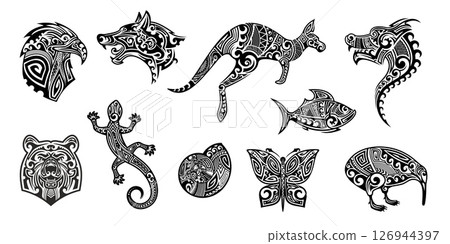Maori tribal animal tattoo set of Polynesian or Hawaiian pattern ornament, vector art design. Abstract Maori tribal tattoo of totem wolf or eagle and kangaroo with lizard and dragon with butterfly 126944397