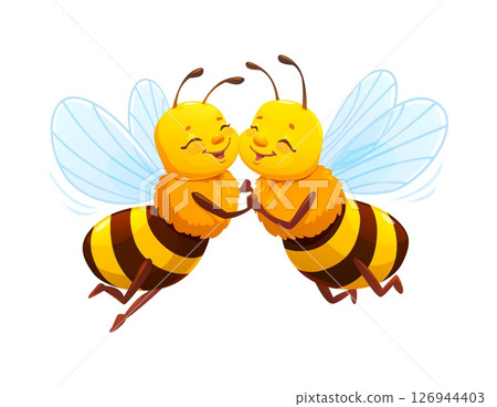Cartoon honey bee characters couple flying with smiling faces, holding hands and closed eyes. Cute vector flying adorable insect pair in love, exudes spring mood, friendship or romantic vibes 126944403