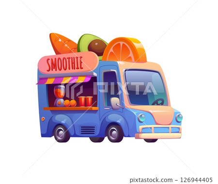 Street food truck with smoothie drinks and cocktails or festival foodtruck cafe, cartoon vector. Street food truck or car van and mobile kiosk booth with fruit and vegetable smoothie juice beverages Street food truck with smoothie drinks and cocktails or festival foodtruck cafe, cartoon vector. Street food truck or car van and mobile kiosk booth with fruit and vegetable smoothie juice beverages 126944405