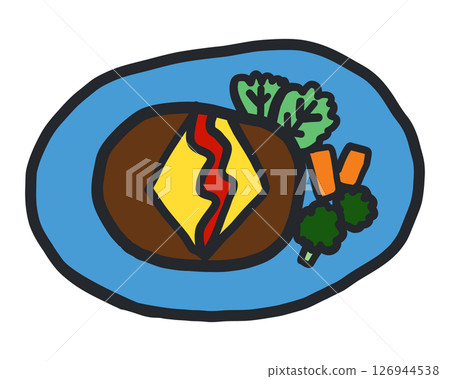 粗略手繪的漢堡牛排配上西蘭花、胡蘿蔔和生菜的插圖 粗略手繪的漢堡牛排配上西蘭花、胡蘿蔔和生菜的插圖 126944538